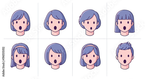 Set of surprised facial expressions with different hairstyles for cartoon characters, suitable for avatars and comics