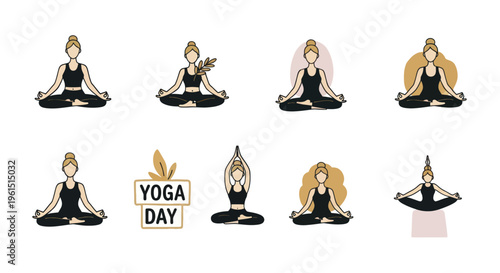 Set of woman yoga poses in meditation and relaxation with yoga day text, healthy lifestyle and mindfulness illustration