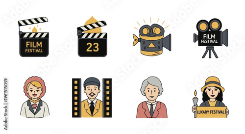 Film festival icons set including clapperboards, vintage movie cameras, filmstrip, and characters with festival signs, perfect for event and cinema design