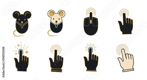 Set of mouse and hand pointer icons including computer mouse and touchscreen gestures for UI design and digital interaction