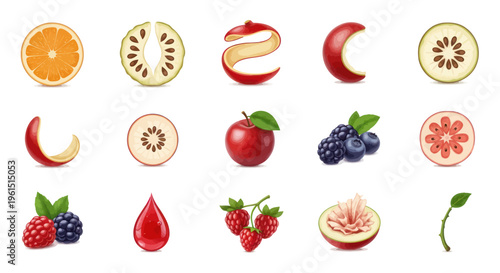 Vector illustration of fresh fruit slices, berries, apple peel, and juice drop, ideal for food packaging and healthy diet design projects