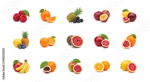 Variety of fresh fruits including raspberries, oranges, pineapple, blackberries, plums, apples, bananas, and grapefruits on white background, perfect for healthy lifestyle and nutrition projects