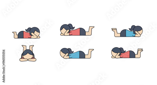 Set of six flat design cartoon girls lying down in various poses with hands supporting head or face, casual and relaxed posture illustrations