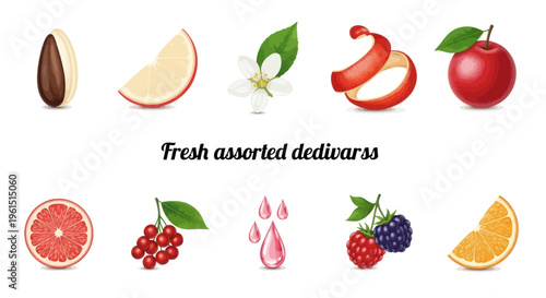 Fresh assorted fruits and berries collection with seeds, peels, leaves and juice droplets isolated on white background, healthy food illustration