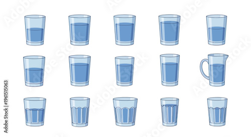 Set of various glasses filled with water and a pitcher, transparent and transparent drinking vessels illustration, perfect for hydration and beverage themes