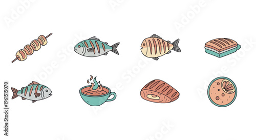 Hand drawn fish and seafood meals icons including grilled fish, fish skewers, fish steak, soup and fish dish with lemon, perfect for restaurant menu design
