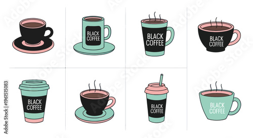 Hand-drawn black coffee cups and takeaway cups in pastel colors, various styles and steaming hot black coffee illustrations, perfect for cafe or menu designs