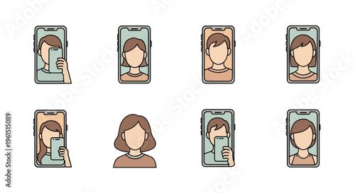 Set of people selfies and portrait avatars in smartphone screens flat line icons collection for social media and video calls