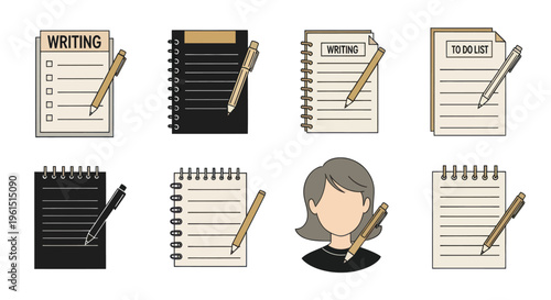 Set of writing notebook and to do list icons with pen and female avatar for note taking, planning, and productivity concepts