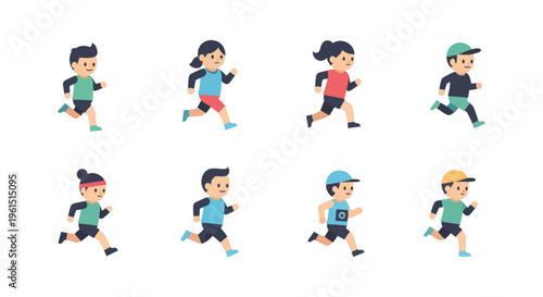 Vector illustration of kids running in various sportswear and hairstyles, cartoon children jogging and exercising, perfect for fitness and sports concepts