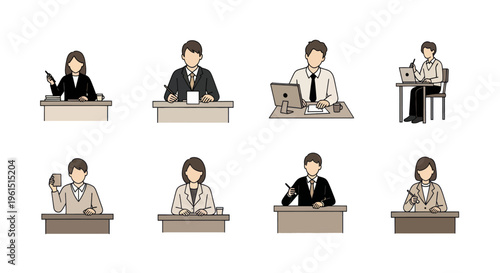 Set of faceless business people working at desks with laptops, coffee, and documents, professional office team illustrations for corporate and work concepts