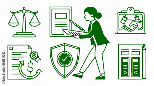 Minimal line icons for legal document management with files, contracts and approval symbols. Clean transparent background ideal for legal tech apps, SaaS platforms and corporate UI.
