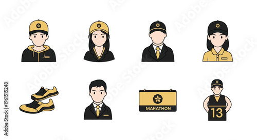 Set of marathon staff and runner icons including volunteers, officials, shoes, and marathon signage for sports event management and race organization