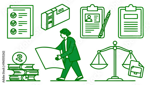 Minimal line icons for legal document management with files, contracts and approval symbols. Clean transparent background ideal for legal tech apps, SaaS platforms and corporate UI.