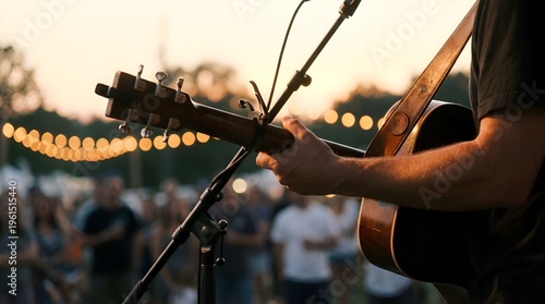 Musician playing acoustic guitar at sunset outdoor music festival