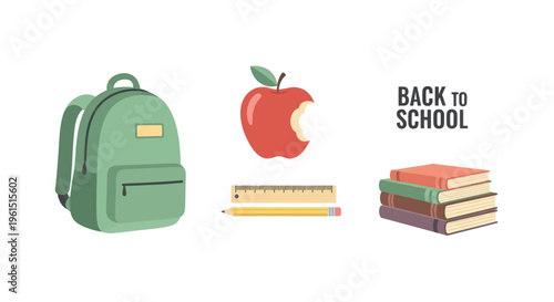 Back to school illustration with green backpack, bitten red apple, ruler, pencil, and stack of books, education and learning concept