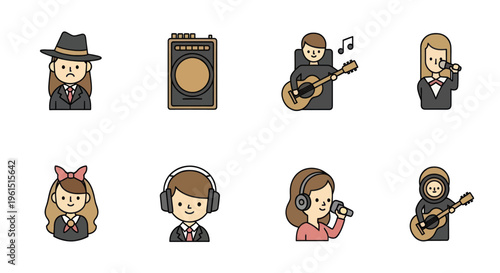 Cartoon music icons set featuring singers, guitarists, headphones, and speaker illustrations perfect for music and entertainment projects