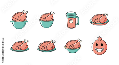 Cartoon style roasted chicken illustrations with a smiling juice cup and happy chicken face icon, perfect for food menus and restaurant branding