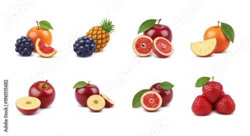 Collection of fresh mixed fruits including apples, pineapples, strawberries, blackberries, and oranges, perfect for healthy eating and food design