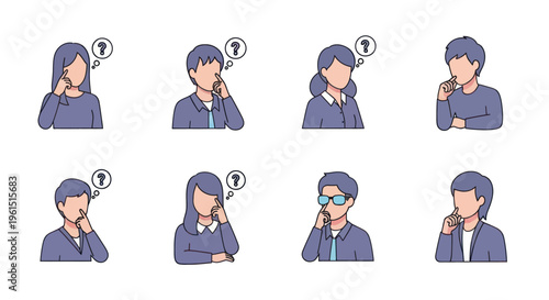 Collection of faceless business people icons showing thoughtful and questioning expressions for brainstorming and problem solving designs