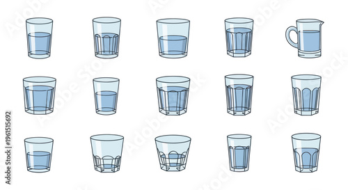 Collection of various transparent drinking glasses and a jug filled partially with water, perfect for hydration and beverage-related designs
