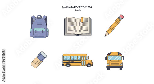 Collection of school-related icons including backpack, open book, pencil, eraser, and yellow school bus, ideal for educational and academic projects