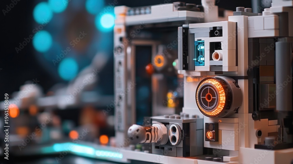 Obraz premium Detailed close-up of a complex, modular, futuristic spaceship interior. Complex mechanical components and glowing lights are visible