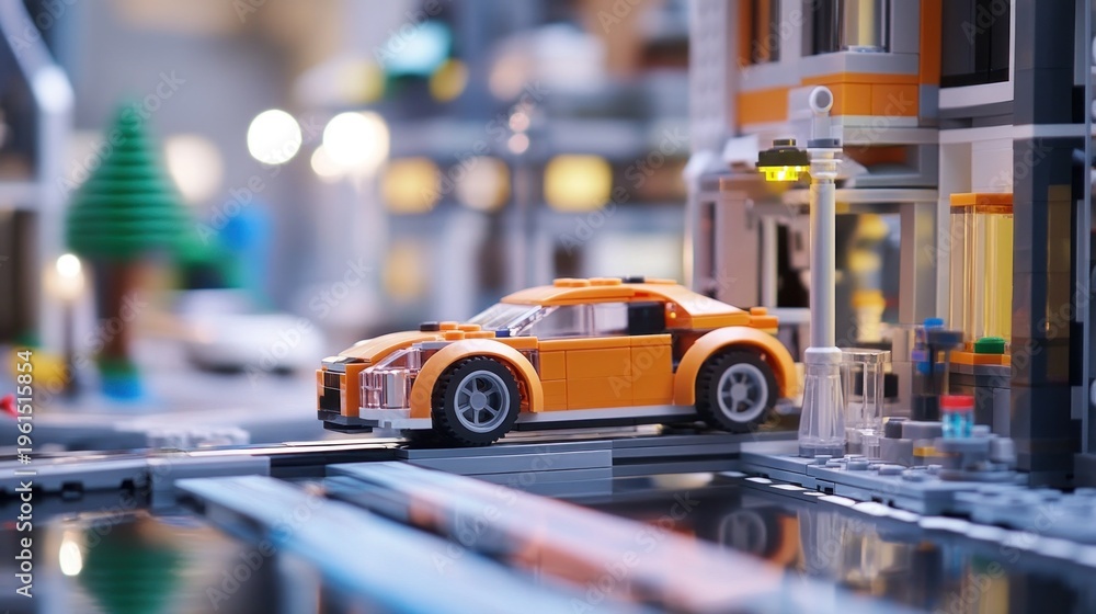 Obraz premium Detailed miniature city scene with orange car