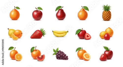 Fresh assorted fruits collection including apples, pears, pineapple, bananas, strawberries, grapes, oranges, and kiwi isolated on white background, healthy food concept