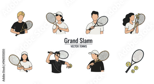 Grand Slam vector tennis players and rackets illustration set featuring male and female athletes with tennis balls, perfect for sports and recreation designs