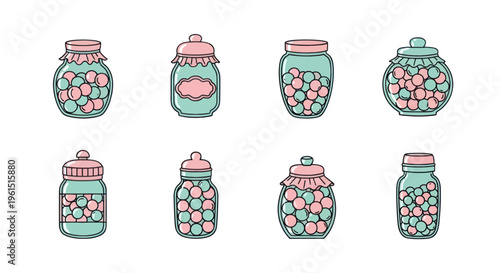 Hand-drawn glass jars filled with pastel pink and teal candies in various vintage styles, perfect for label design and sweet shop branding