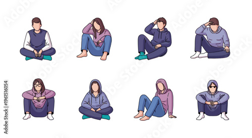 Set of faceless young people sitting in casual clothing and hoodies in relaxed and thoughtful poses, ideal for social media or lifestyle projects
