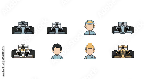 Set of Formula 1 race cars and drivers icons in blue and yellow colors, suitable for motorsport, racing, and automotive design projects