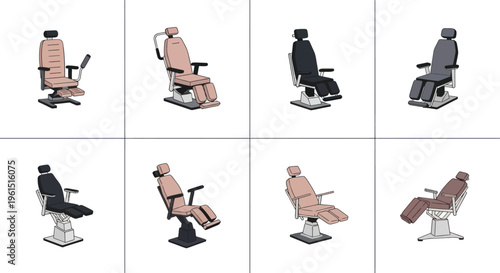 Set of medical and dental examination chairs in various colors and angles, suitable for healthcare design or medical office illustration