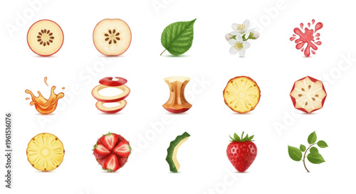 Set of illustrated fresh fruit elements including sliced apples, pineapples, strawberries, leaves, and splashes perfect for food packaging and design