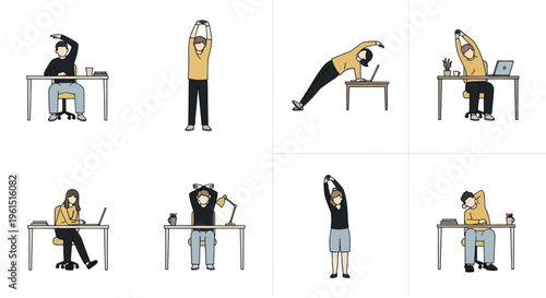 Set of people stretching and exercising at office desks and standing to relieve stress and improve posture, perfect for workplace wellness and health concepts