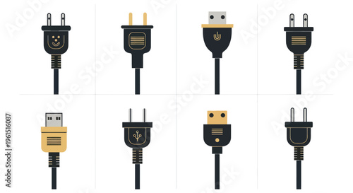 Set of technology plugs and USB connectors icons in black and gold, electronic wire and power connection symbols for digital design