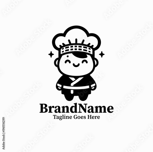 Cute Korean Chef Mascot Hanbok Silhouette Restaurant Logo
