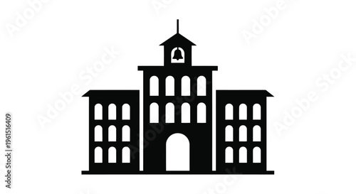 Flat isolated 2d icon of black silhouette of a building with a bell tower