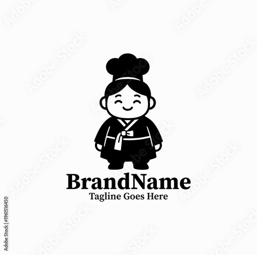 Cute Korean Chef Mascot Hanbok Silhouette Restaurant Logo