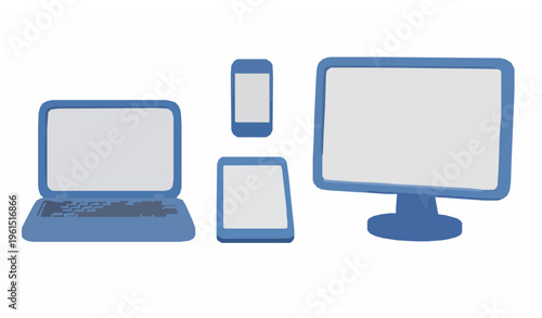 3D cartoon style laptop smartphone tablet and monitor mockup set with blank screens blue plastic devices isolated on white