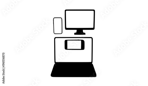 Vertical stacked 3D cartoon device mockup set with laptop smartphone tablet and monitor blue plastic design isolated on white