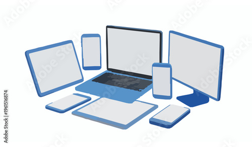 Dynamic perspective 3D device mockup set with laptop smartphone tablet and monitor blue cartoon style isolated on white