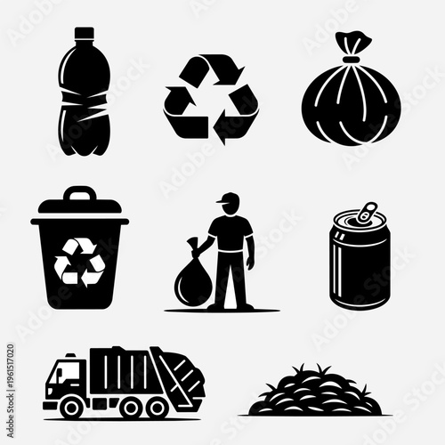 Collection of black solid icons representing waste management and recycling, including plastic bottle, recycle symbol, garbage bag, trash bin, worker, metal can, garbage truck and landfill. Clean vect
