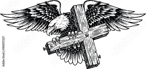 Hand Drawn Eagle Gripping Wooden Cross Vintage Christian Engraving Illustration