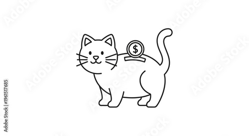 Cute cat bank icon in clean outline vector style, cat shaped piggy bank illustration, minimal financial savings symbol, earnings and economy pictogram, budget and accounting concept, simple thin strok