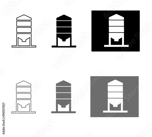 Silo icon set for grain storage tank agriculture industrial container farm equipment steel tower elevator brewery livestock feed warehouse facility