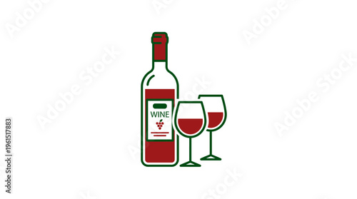 Elegant wine bottle and glasses arrangement, Perfect for events or promotions. The scene displays a bottle of wine accompanied by two glasses