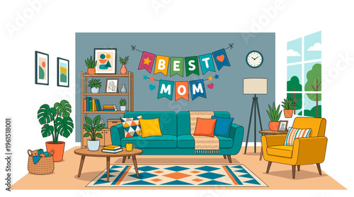 A cozy and vibrant living room decorated with a Best Mom banner, creating a warm and inviting atmosphere. Featuring a sofa, armchair, coffee table, and various decor items.