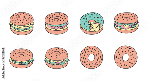 Assortment of hand-drawn bagels and sandwiches with various fillings including cheese, ham, and lettuce, perfect for food, snack, and breakfast design projects